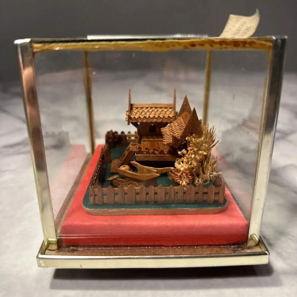 VINTAGE Handmade Teak Wood Thailand House Glass Metal Shadowbox Diorama Souvenir